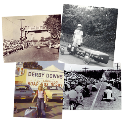 collage of previous years soap box derby participants and racetrack